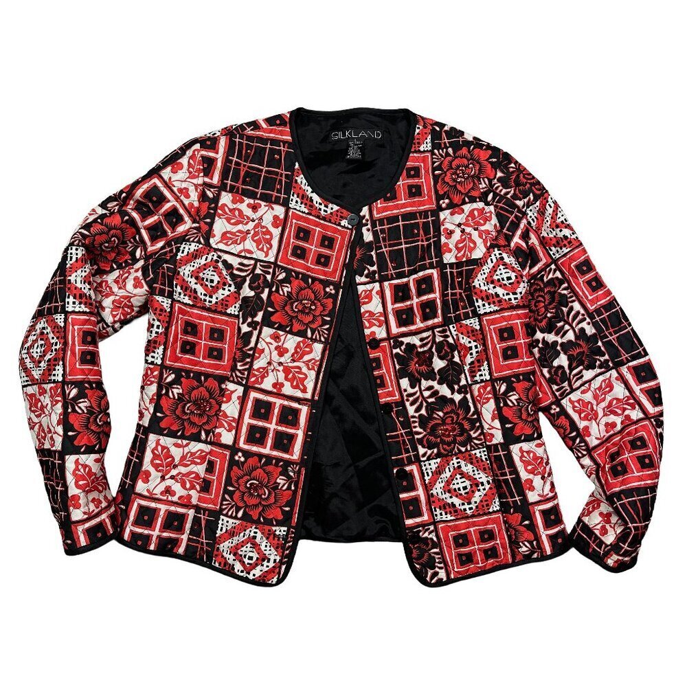 Silkland Vintage 100% Silk Patchwork Quilted Jacket Red Black White Wmns Large